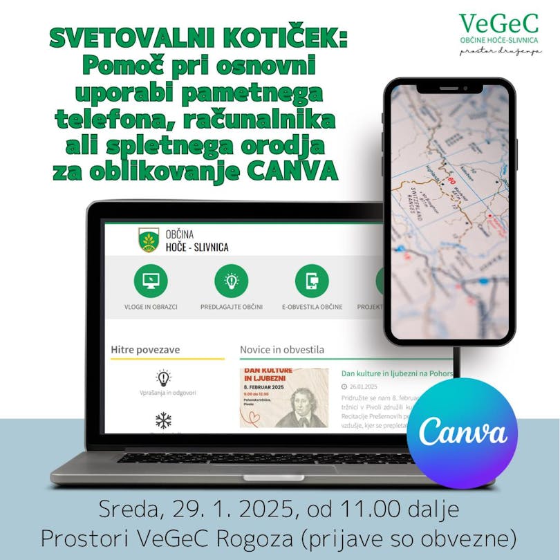 Svetovalni kotiček - pomoč pri osnovni uporabi računalnika, pametnega telefona in spletnega orodja za oblikovanje Canva